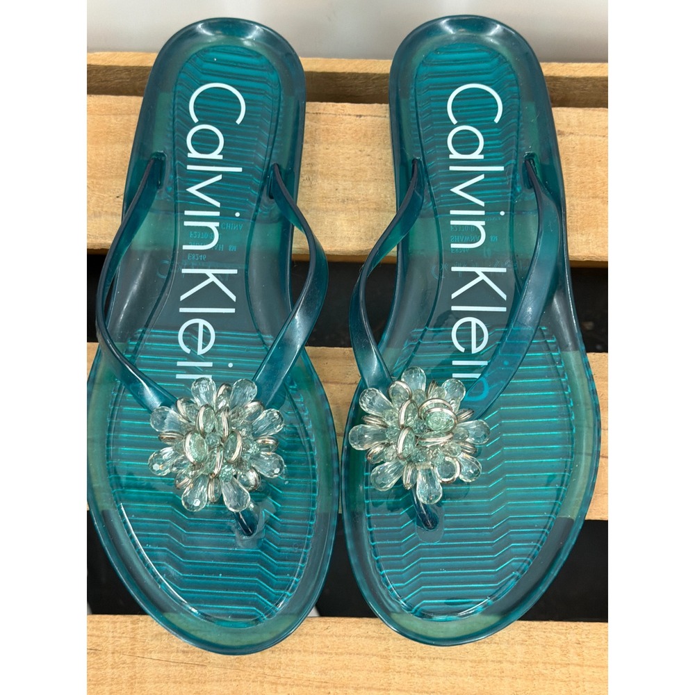 Calvin Klein Shawnah Teal Jelly Flip Flop Sandals Crystal Flower E8246 Womens 8M
